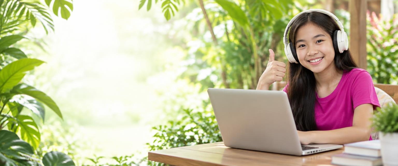 Student learning English with headphones and a laptop in a bright leafy setting